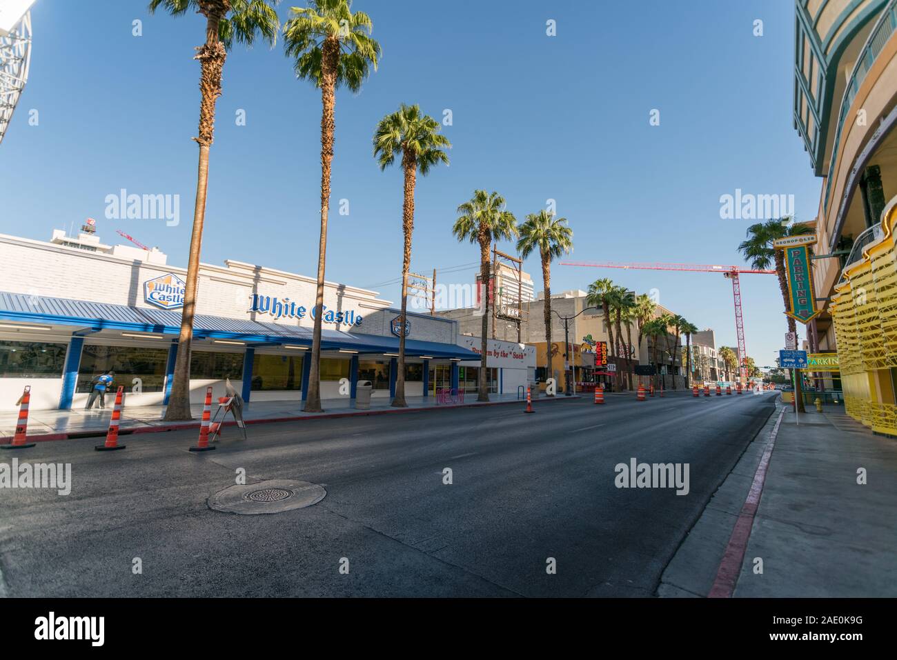 Wide Angle View of Street in Las Vegas with White Castle Restaurant and Palm Trees Stock Photo
