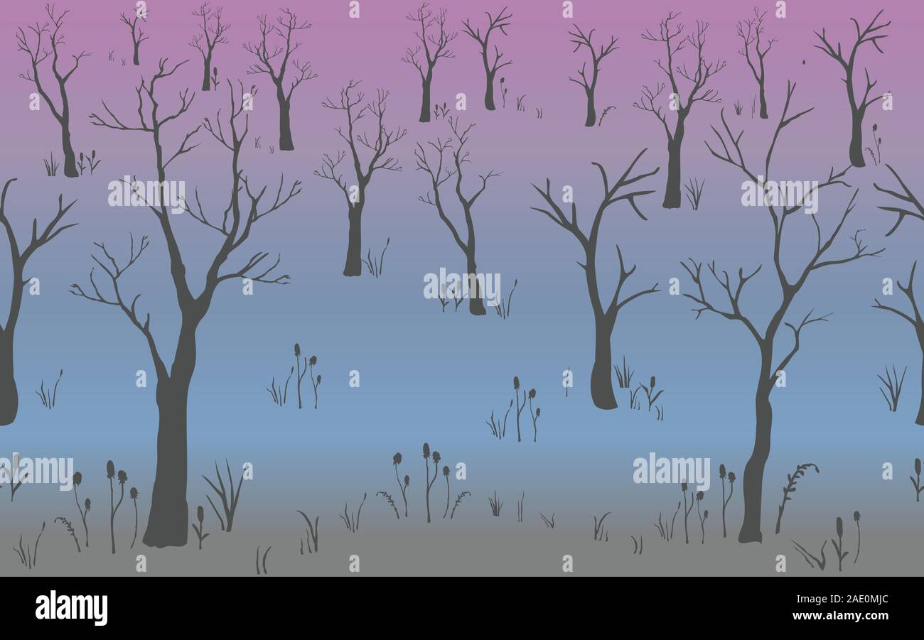Trees with no leaves. Continuous Pattern. Partly Seamless. Vector Illustration Stock Vector