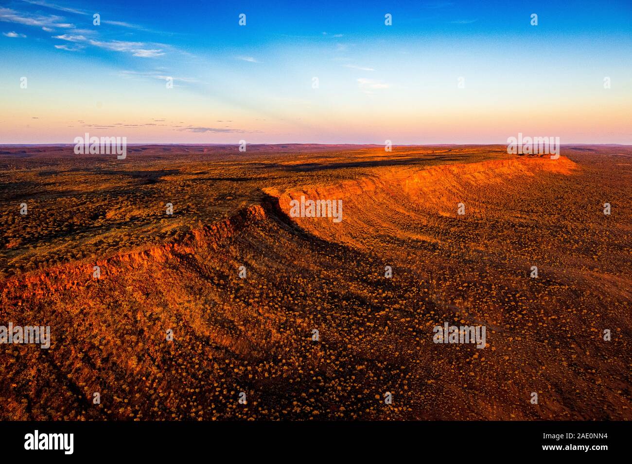 Stunning aerial views of the George Gill Range at sunset. Located in remote central Australia. Stock Photo