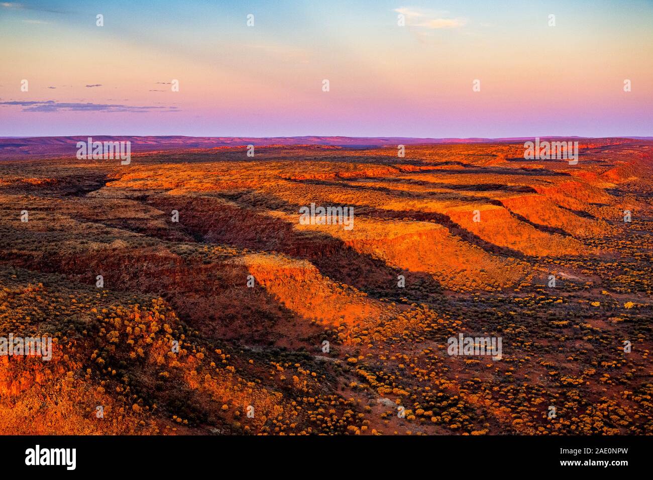 Stunning aerial views of the George Gill Range at sunset. Located in remote central Australia. Stock Photo