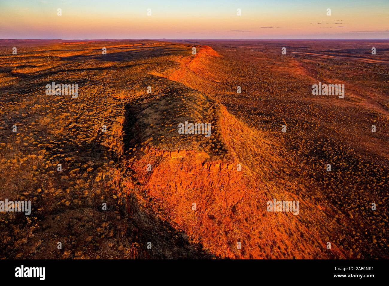 Stunning aerial views of the George Gill Range at sunset. Located in remote central Australia. Stock Photo