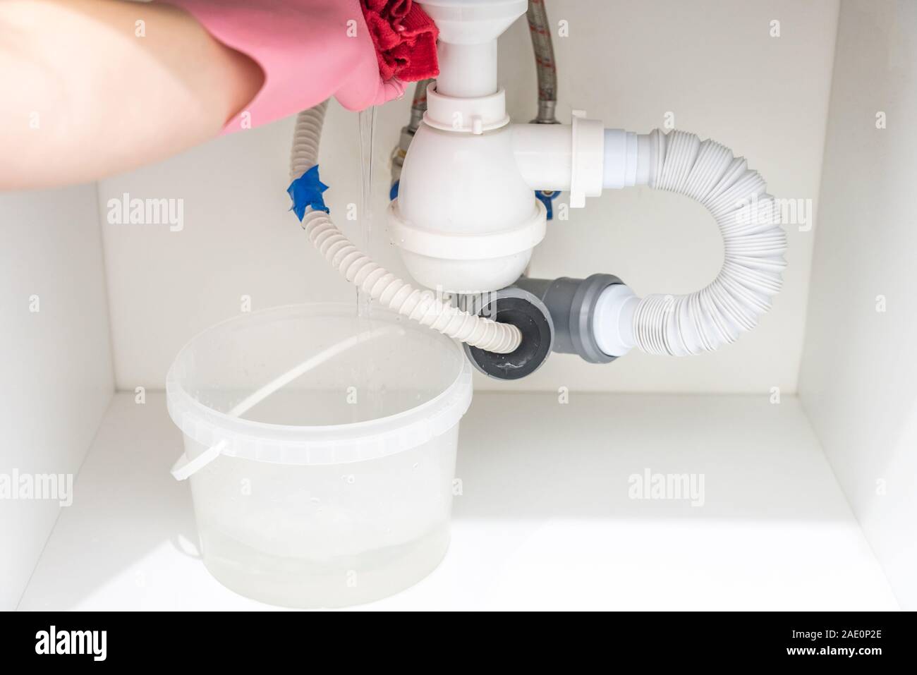 Leakage Of Water From plastic Pipe under sink Stock Photo Alamy