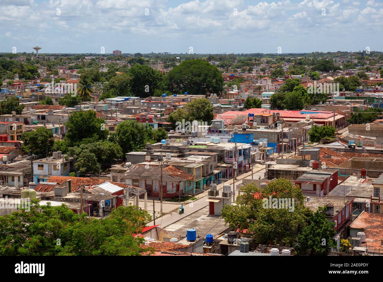 Aerial view of a small Cuban Town, Ciego de Avila, during a cloudy and sunny day. Located in Central Cuba. Stock Photo