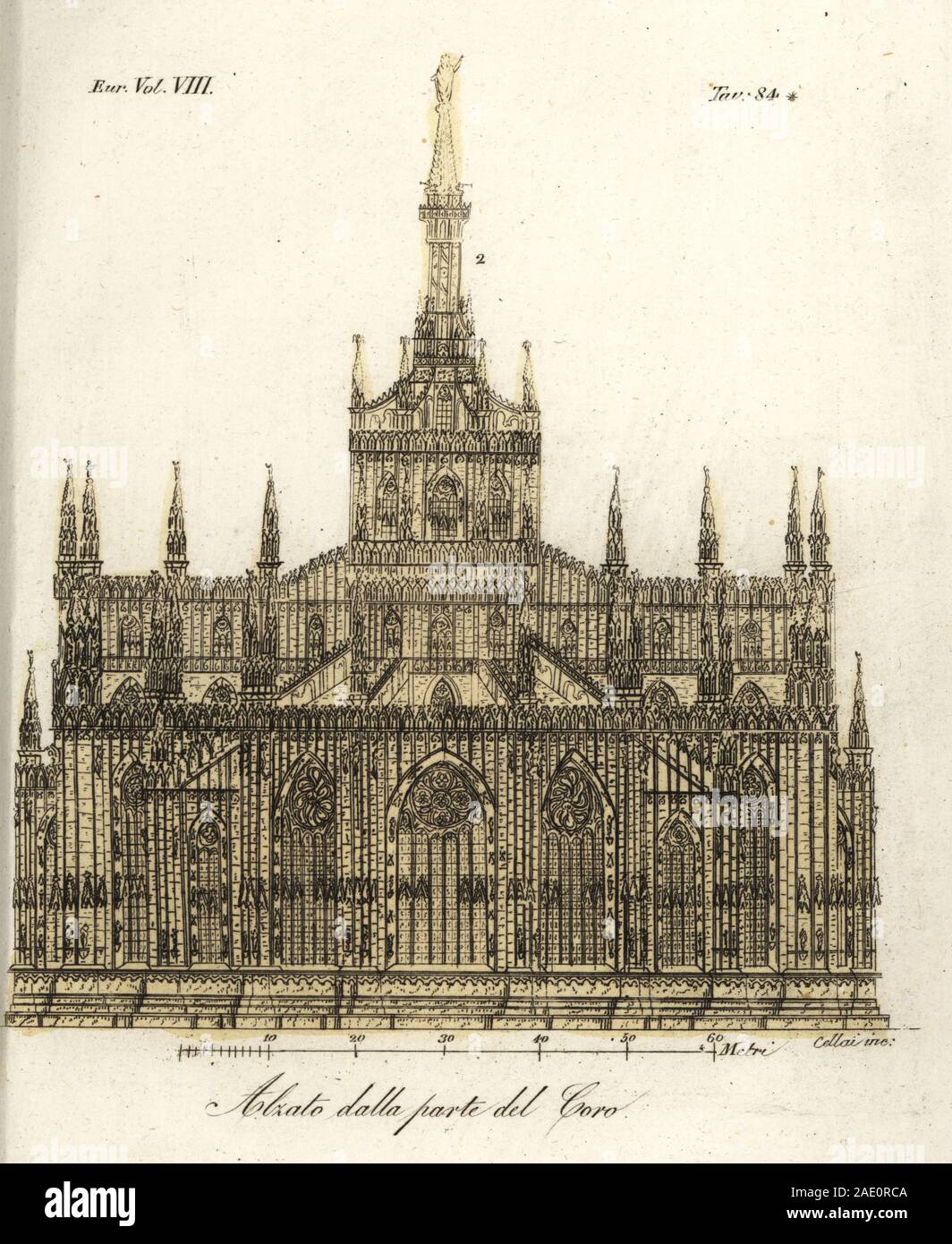 Elevation of the choir of Milan Cathedral, Gothic church built from 1386 by  architects Simone da Orsenigo and Nicolas de Bonaventure. Duomo di Milano.  Handcoloured copperplate engraving by Cellai from Giulio Ferrario's