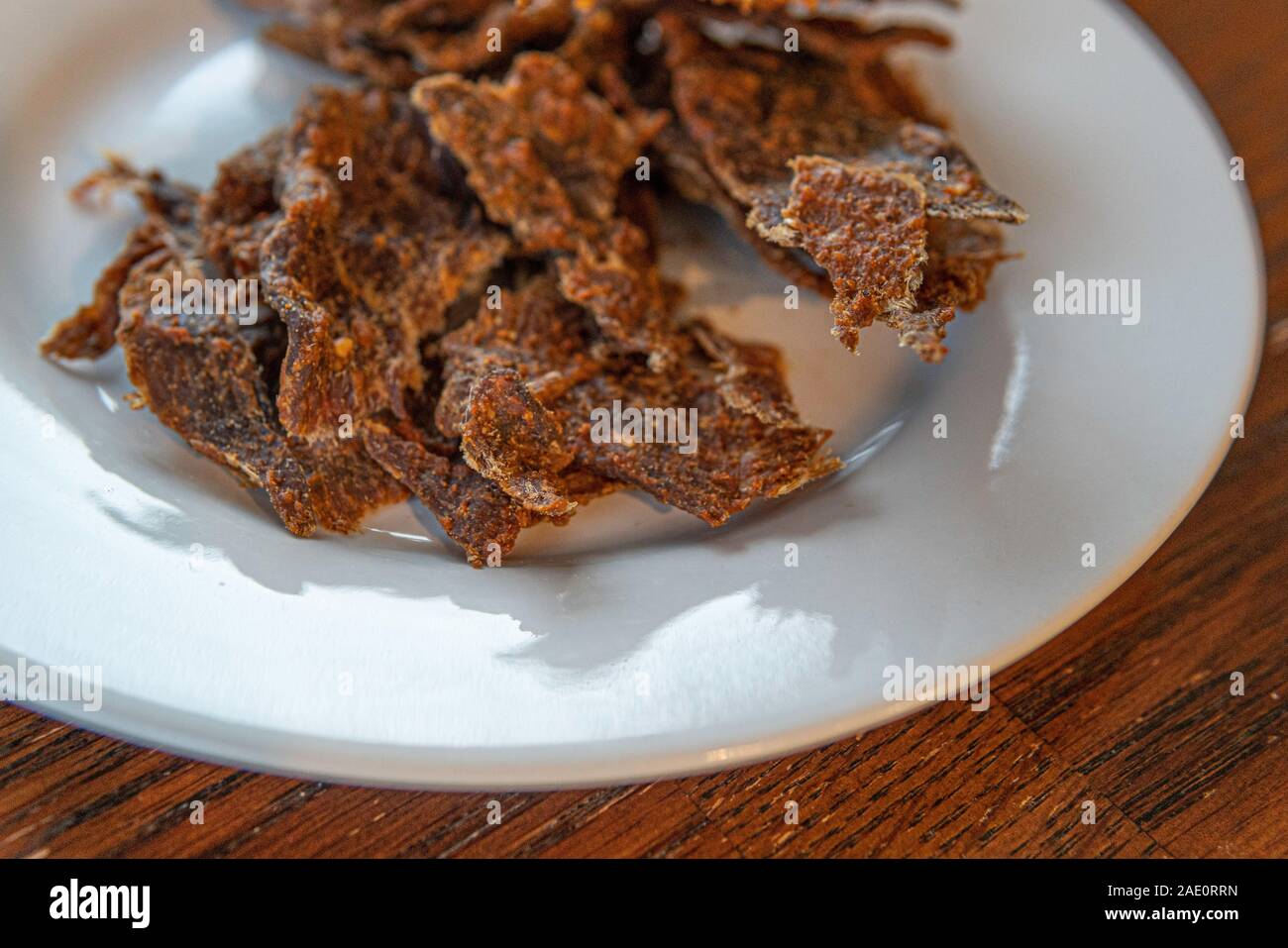 Dried meat called Kilishi in Nigeria. The meat is sliced into thin