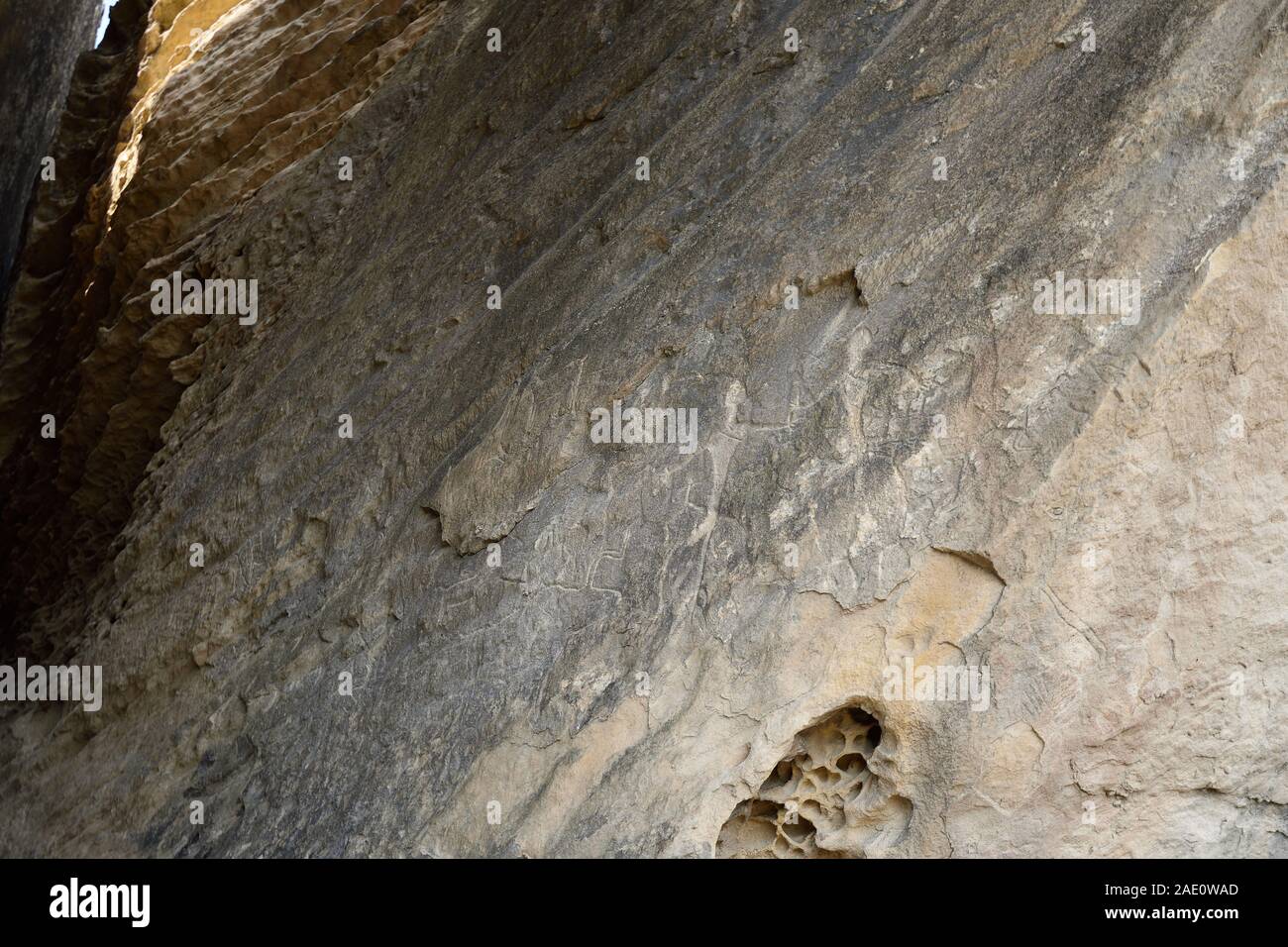 Azerbaijan, Ancient rock carvings petroglyphs in Gobustan National Park near Baku Stock Photo