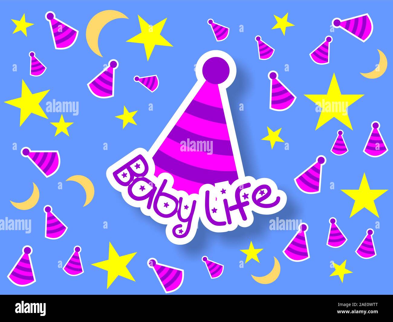 Baby Life Design Concept, Cute Background Template, Birthday Hat Icon, Pink, Purple, Violet, Yellow Stars, Blue, Colorful Stock Vector