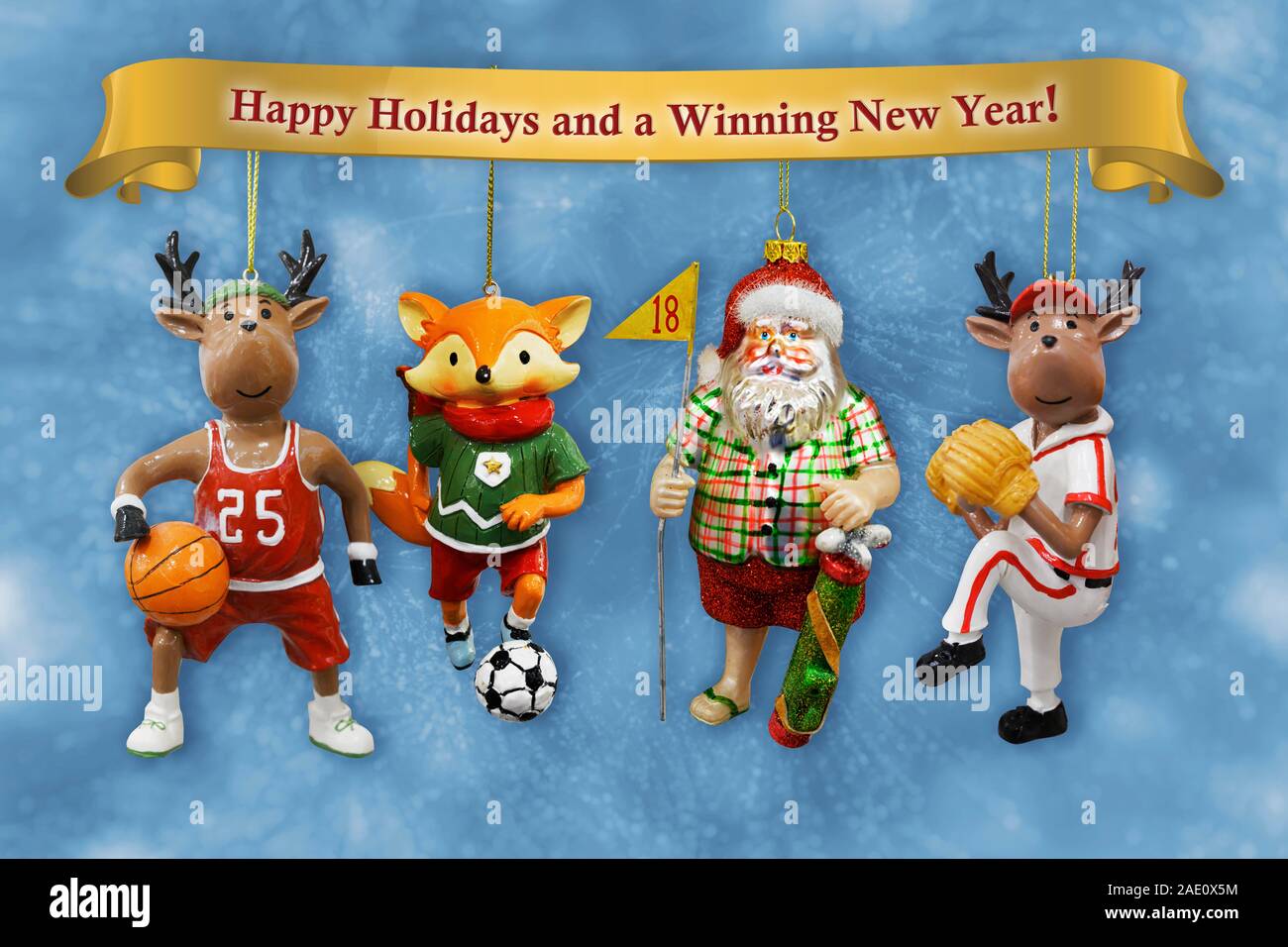 Christmas. Collection of different Sports ornaments with deer, fox, and Santa Claus. Clipping path for each ornament. Stock Photo