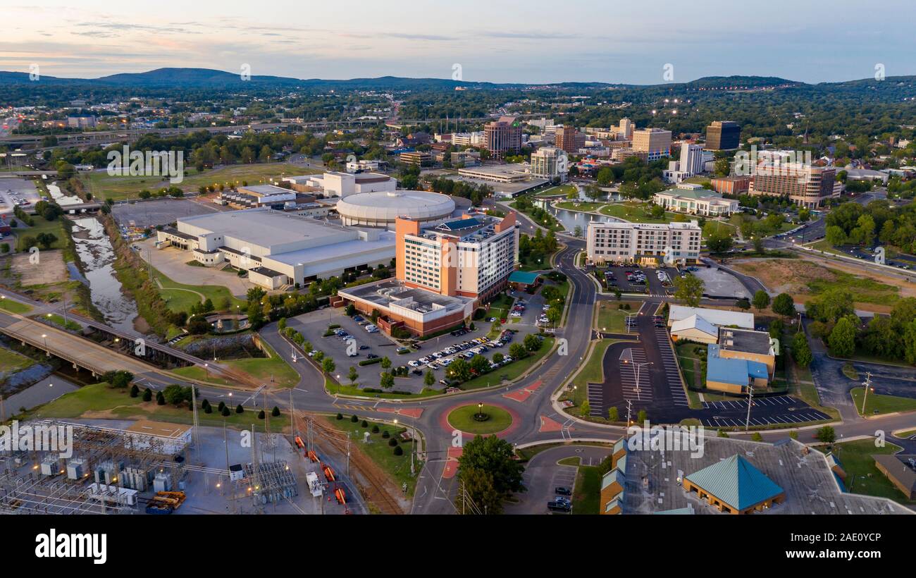 Aerial perspective of the sleepy little big town city center of Huntsville Alabama deep south