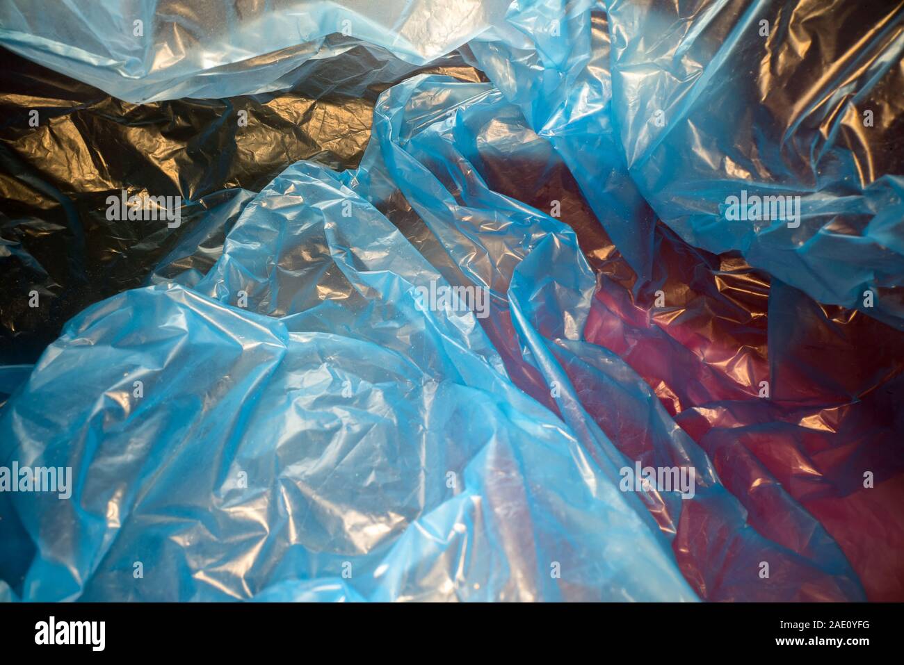 Inside a disposable plastic bag. Lightweight transparent, reusable plastic waste. Rubbish bag, plastic recycling, environmental issues Stock Photo