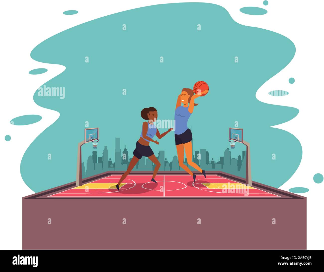 young women athletes playing basketball with balloon Stock Vector