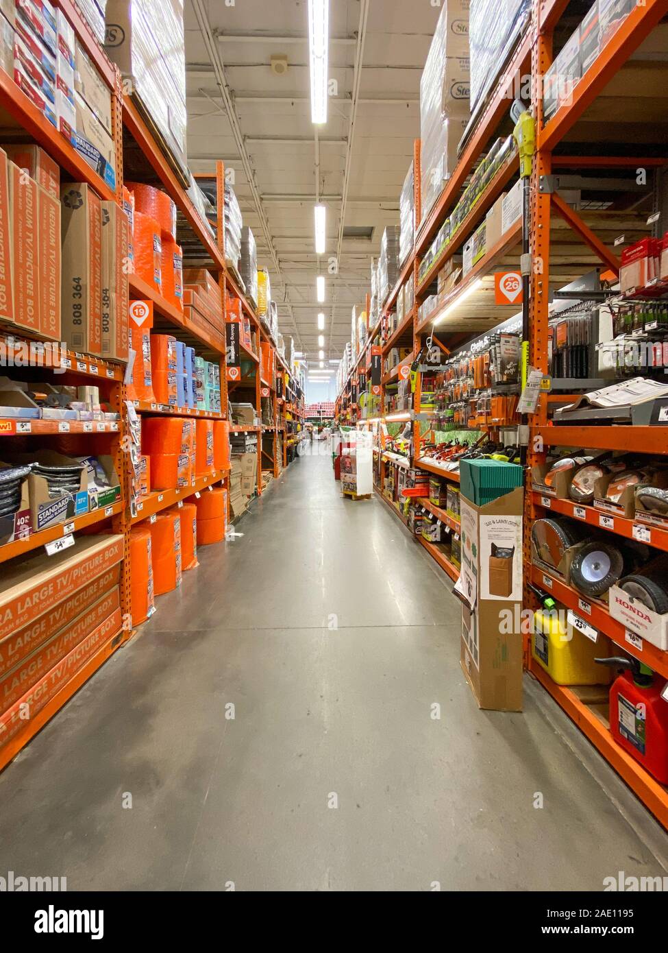 Aisle at The Home Depot hardware store. The Home Depot is the
