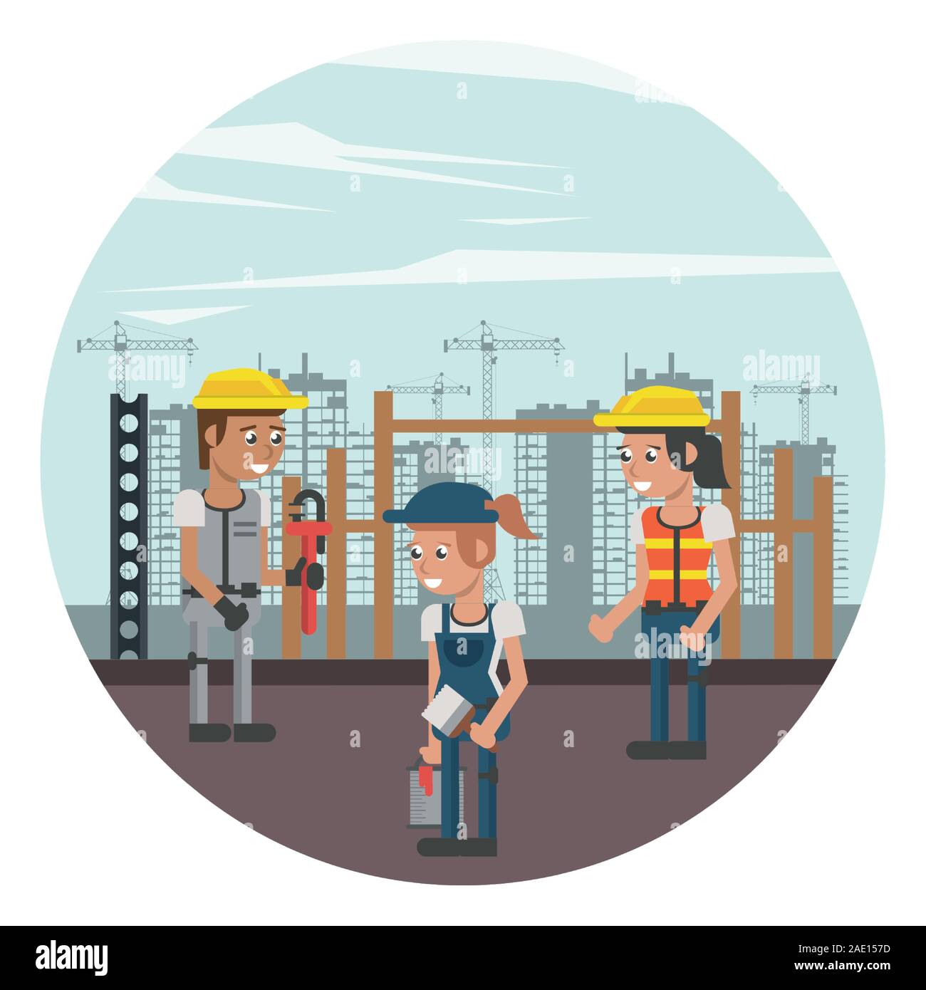 group of builders working under construction scene Stock Vector Image ...
