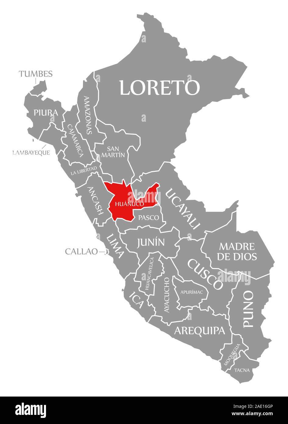 Huanuco red highlighted in map of Peru Stock Photo - Alamy