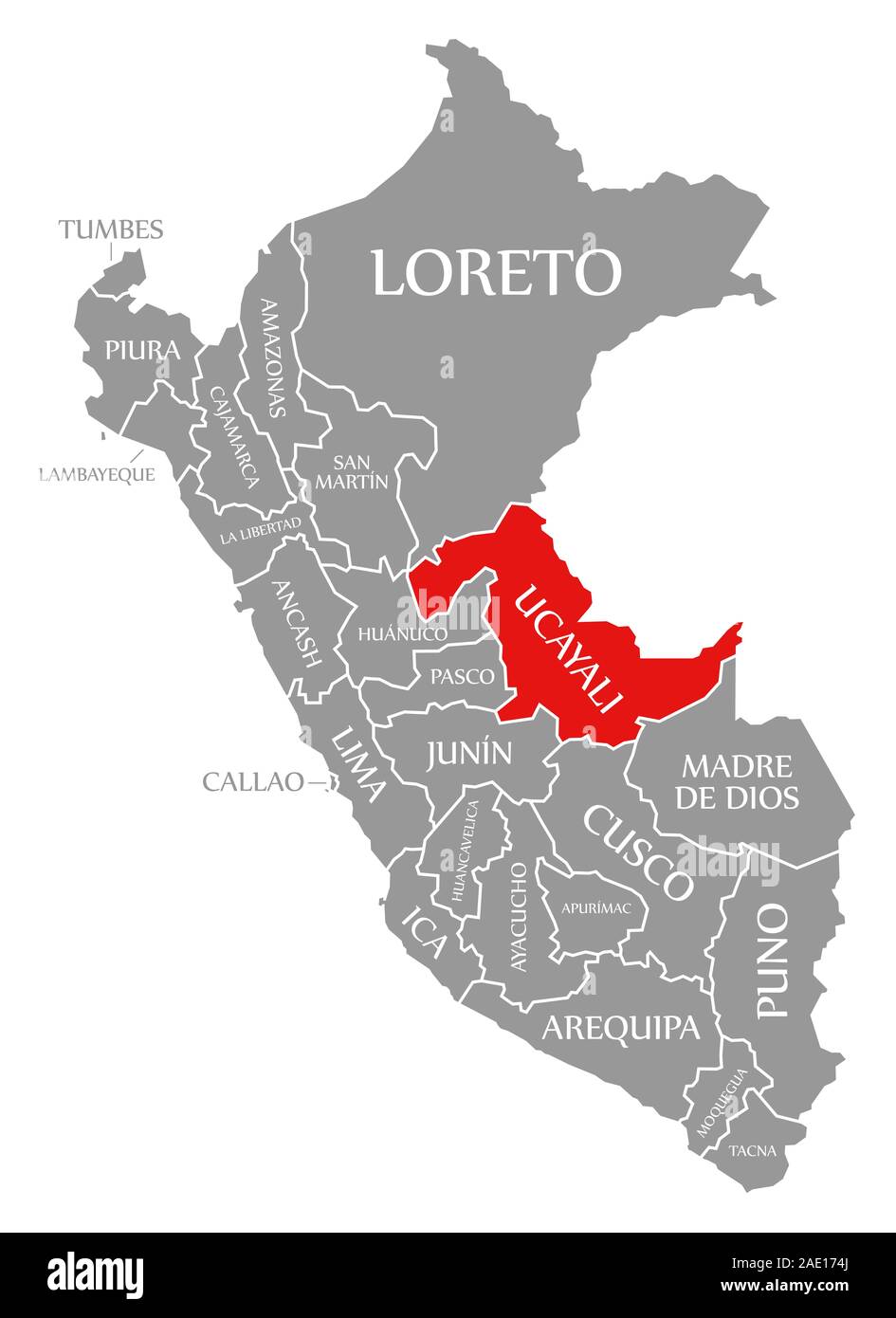 Ucayali red highlighted in map of Peru Stock Photo