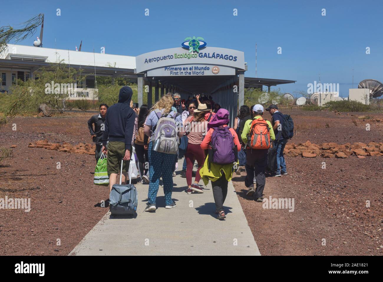 Tourists arriving at the Galápagos Ecological Airport, Galapagos Islands, Ecuador Stock Photo