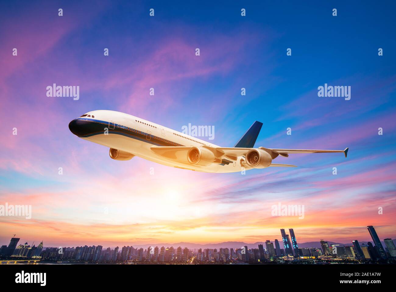 perspective view of jet airliner in flight with bokeh background Stock ...
