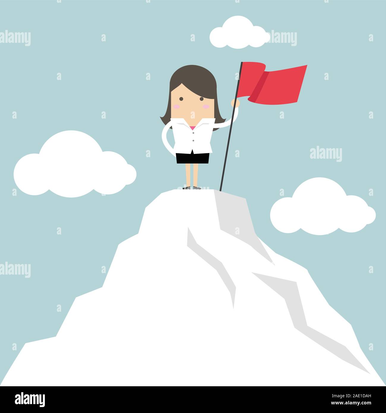 Businesswoman holding red flag on the top of the mountain. Stock Vector