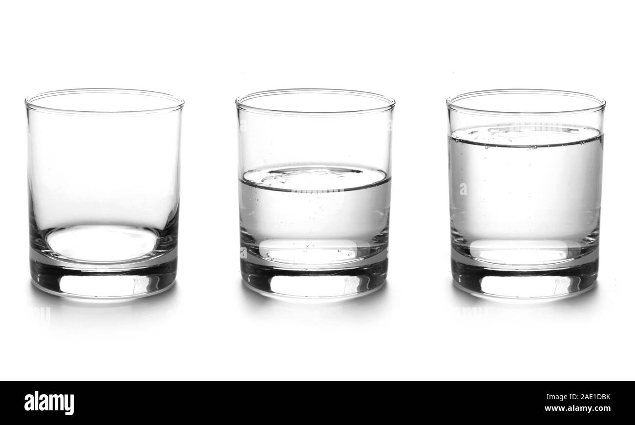 Water Glasses, Empty, Half Full And Full Isolated On White Stock Photo