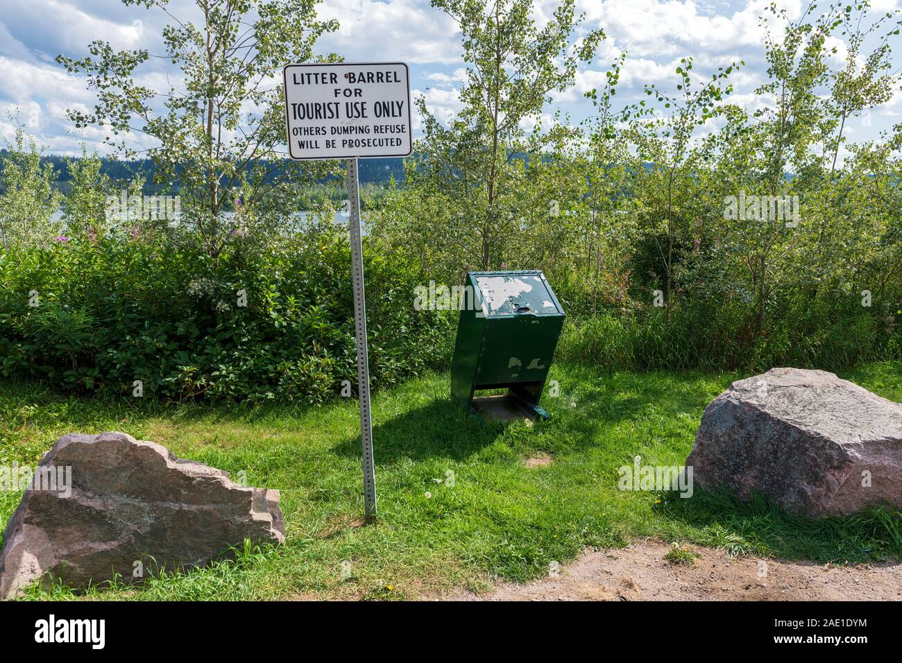 Bear proof litter barrel and sign at the Dry William Lake Rest 