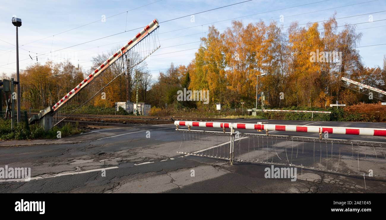 Railway crossing gate, Dortmund, North Rhine-Westphalia, Germany, Europe Stock Photo