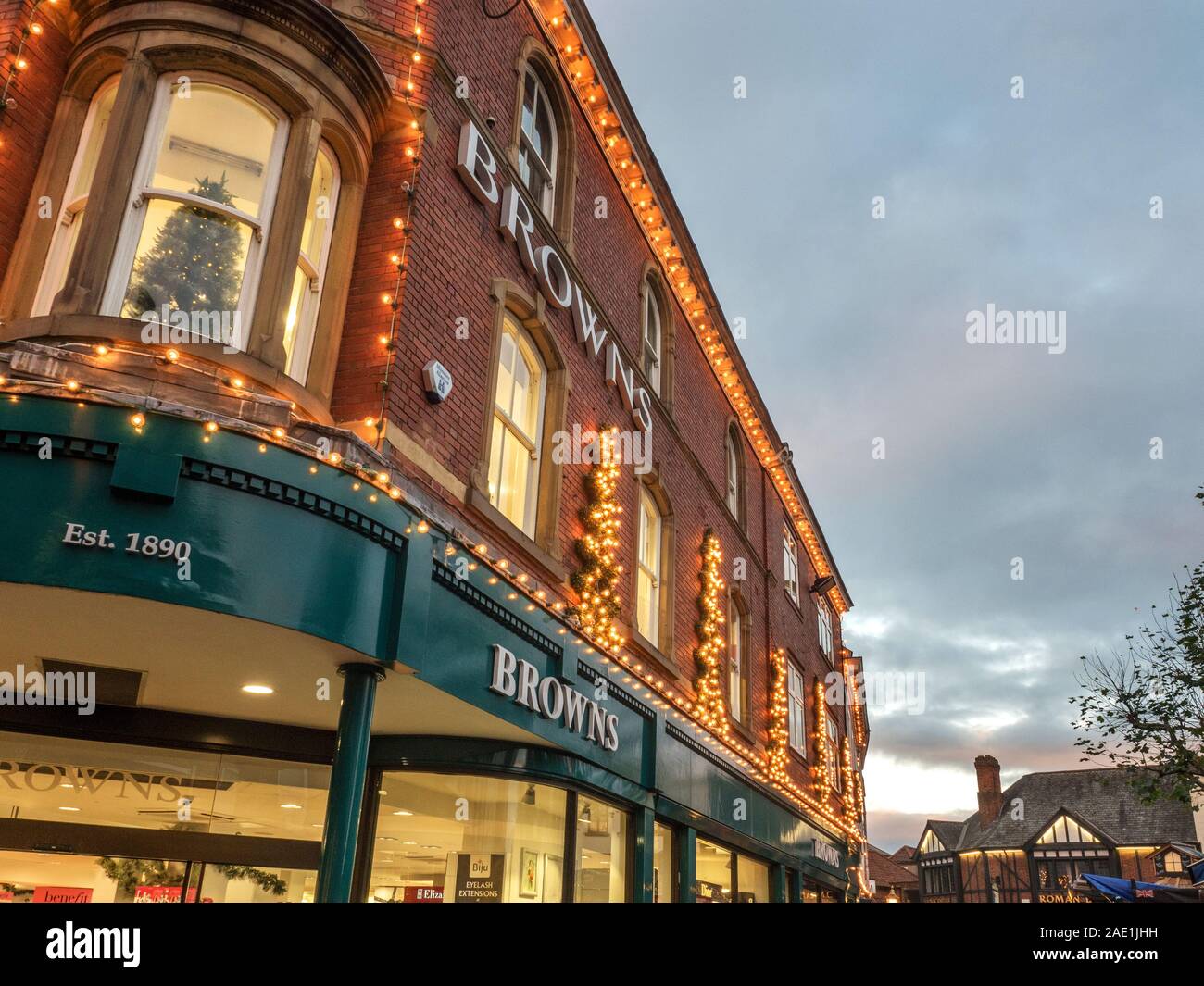 Christmas lights on Browns Department Store at the corner of Davygate and St Sampsons Square in York Yorkshire England Stock Photo