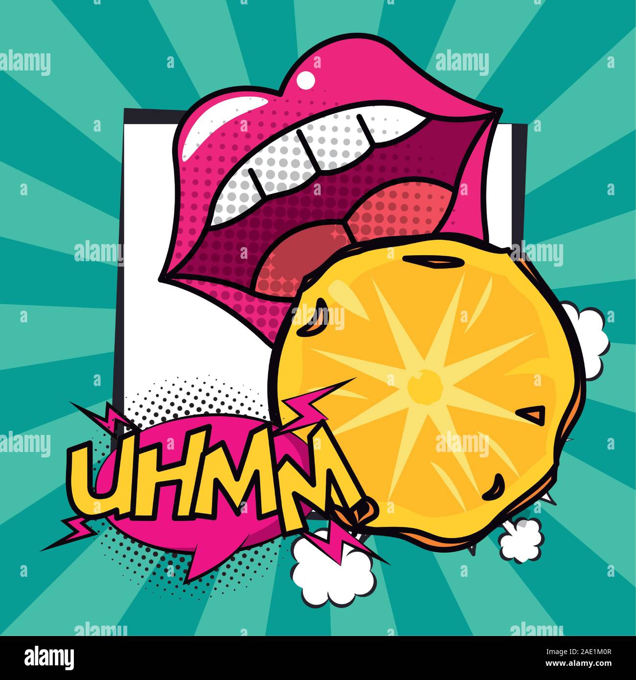 poster pop art style with female mouth eating pineapple Stock Vector