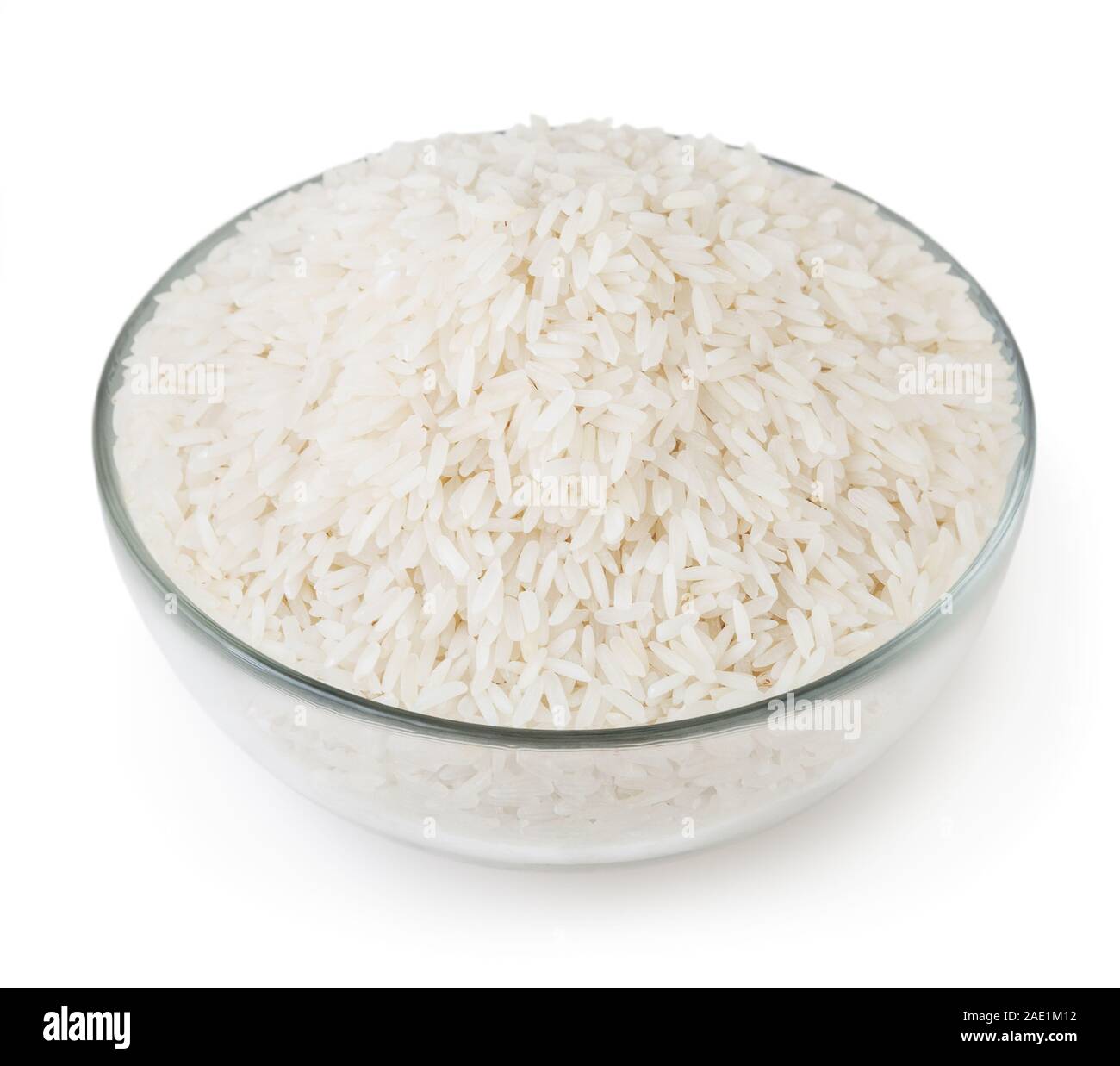 White long-grain jasmine rice in glass bowl isolated on white background with clipping path Stock Photo