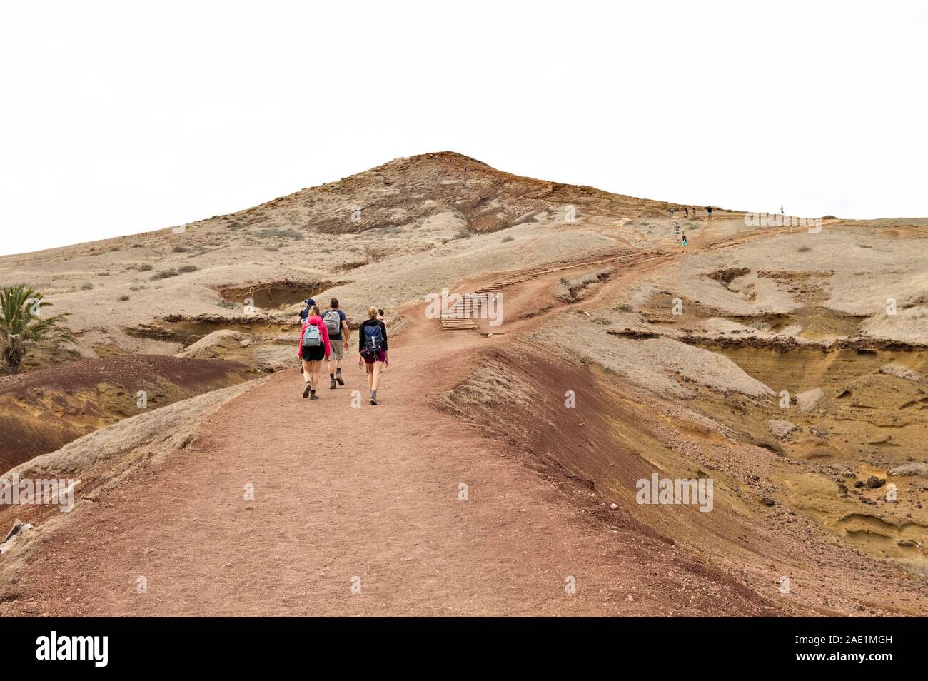 A group of hikers walking along a desert pathway with volcanic rocks and sand dunes in Madeira Island (Ponta de Sao Lourenco, Portugal, Europe) Stock Photo