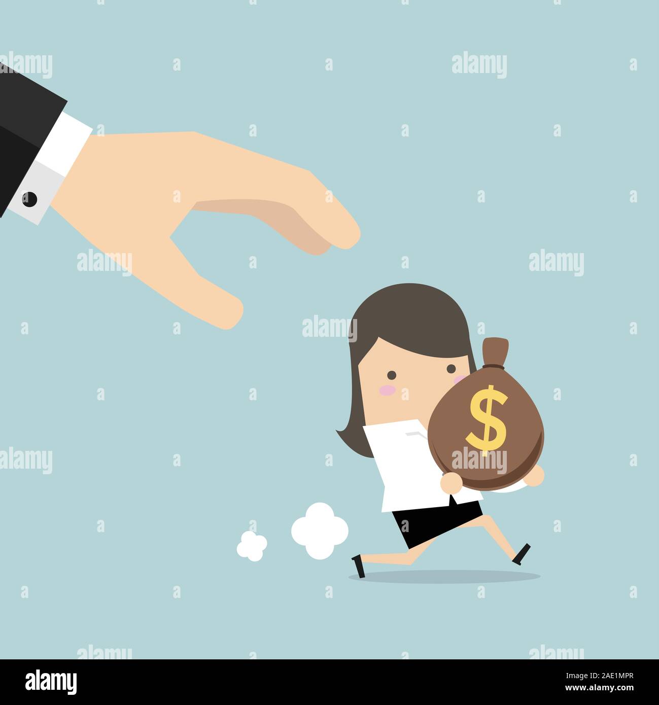 Cartoon hand tries to grab the bag of money running businesswoman Stock ...