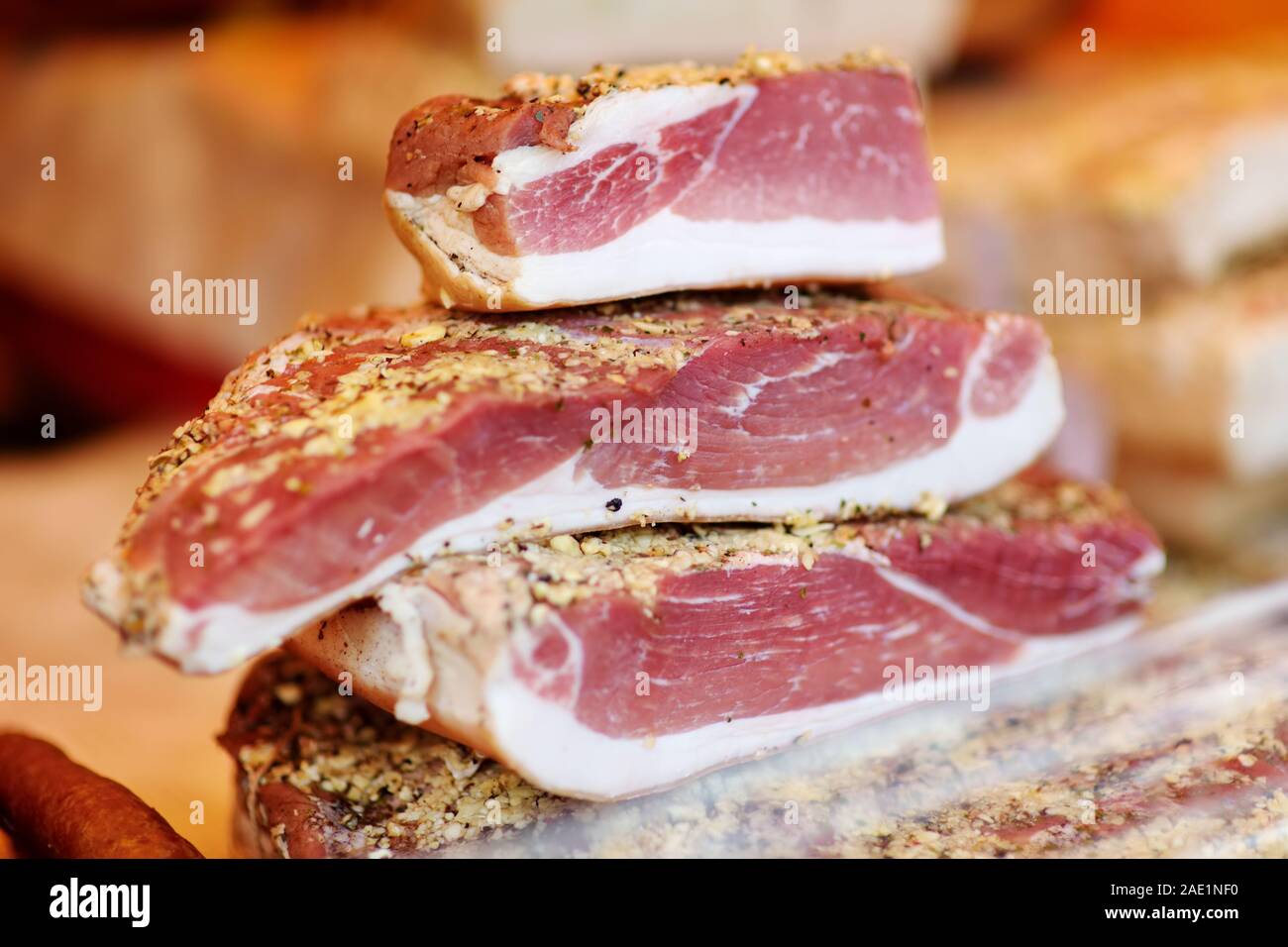 Selection of assorted home made meats, jerky and sausages on a farmer's
