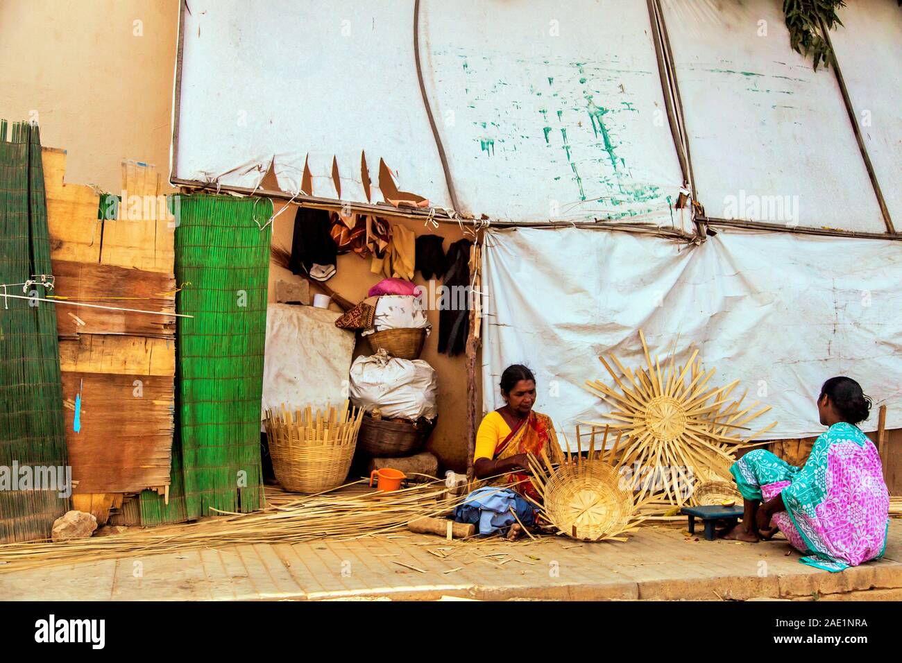 Women weaving cane baskets, Bangalore, Karnataka, India, Asia Stock