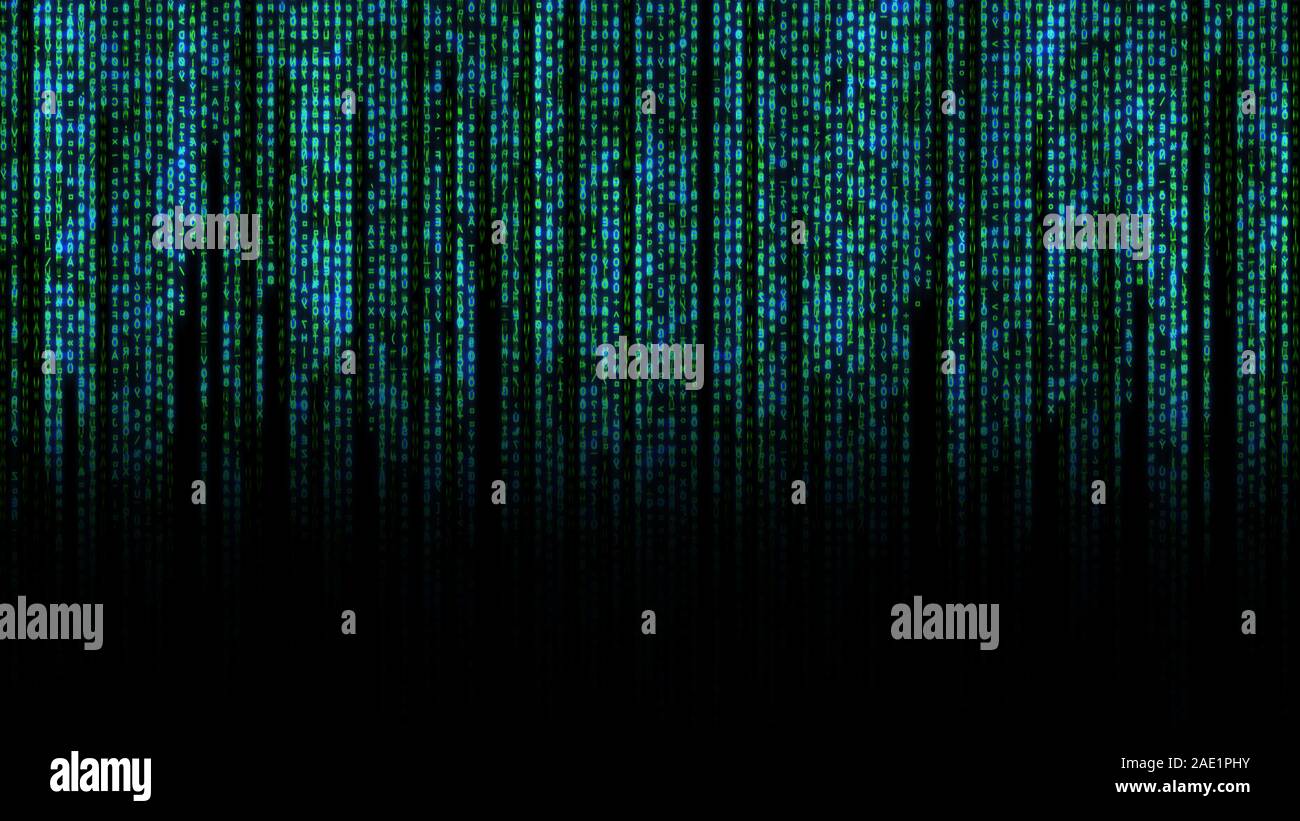 Binary matrix background. Falling sign on dark backdrop. Abstract data concept. Blue and green futuristic cyberspace Stock Photo