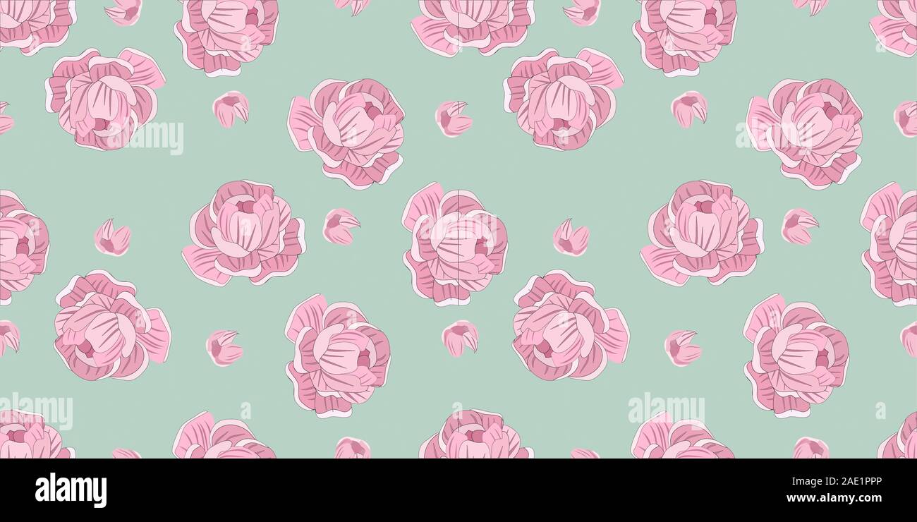 Seamless pattern. Delicate pastel color. Roses on a turquoise background.. Stock Vector