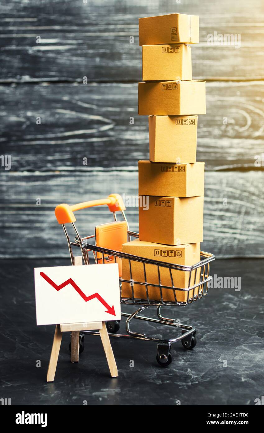 Shopping cart filled with boxes and a stand sign with a red down arrow. decline in the production of goods, Falling consumer demand. The fall in sales Stock Photo