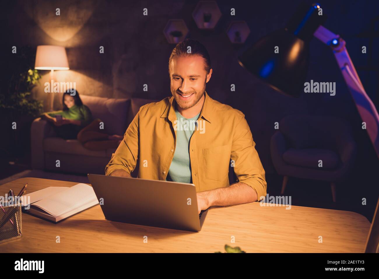 Portrait of nice attractive cheerful cheery successful guy working hard ...