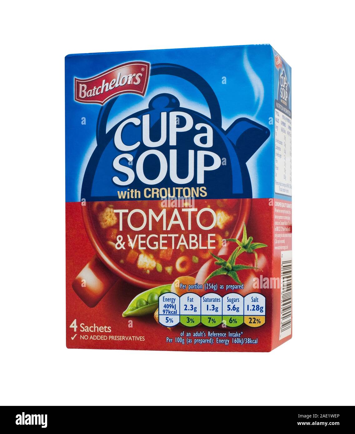 Batchelors cup a soup tomato and vegetable with croutons packet box Stock Photo