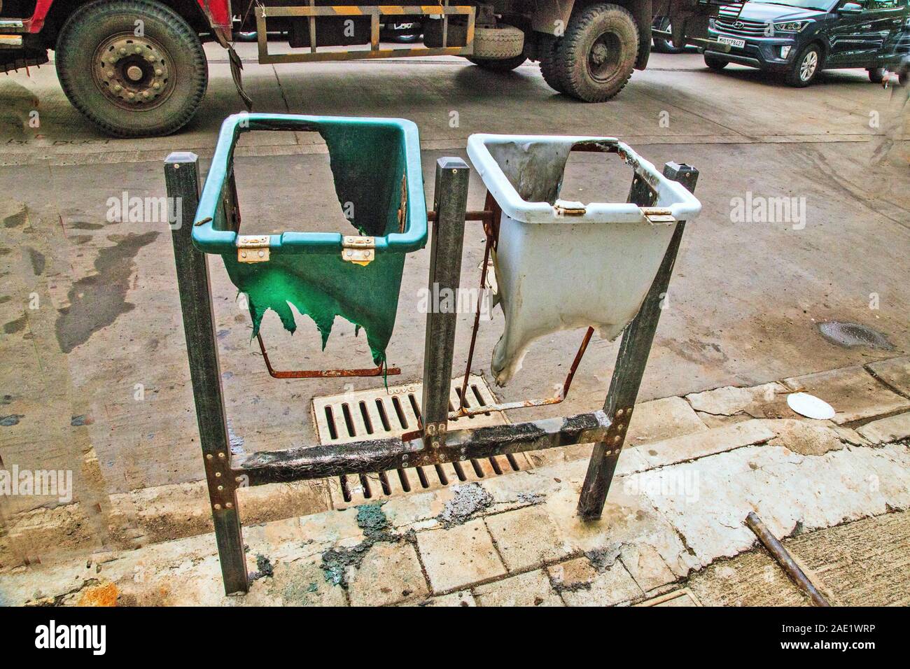 Damaged dustbin, Mumbai, Maharashtra, India, Asia Stock Photo