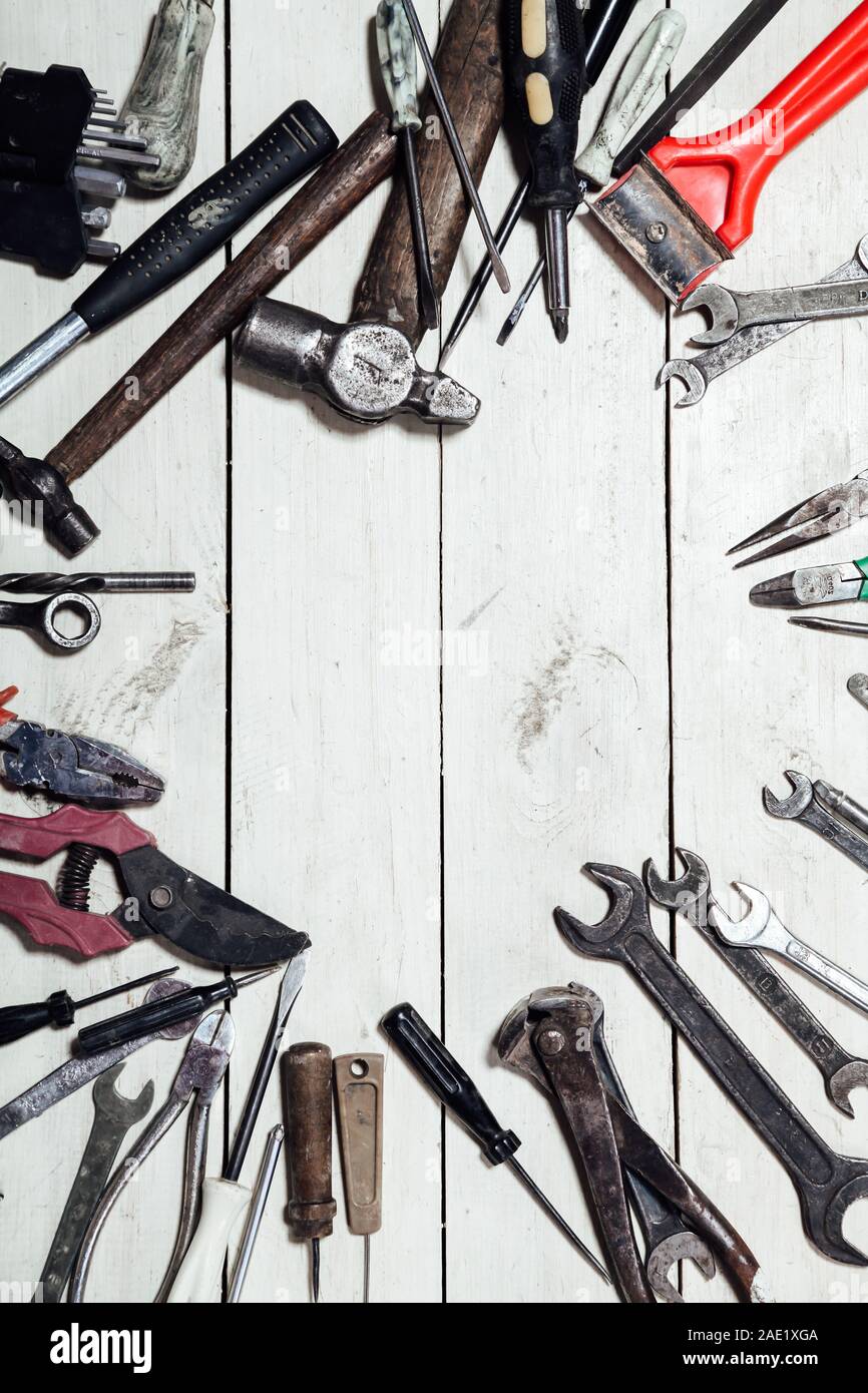 construction tools for repair hammers screwdriver drill keys Stock