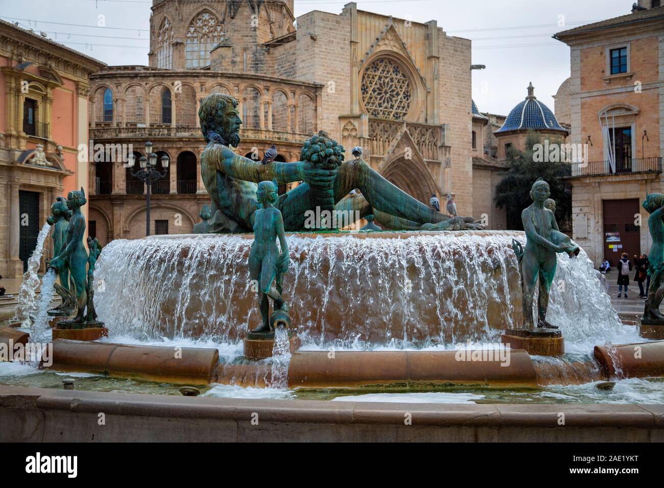 Turia Fountain Valencia Spain Plaza de la Virgen Stock Photo