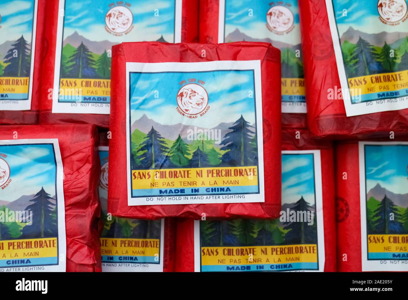 Berlin, Germany - December 3, 2019: Traditional Chinese Tiger Head black powder firecrackers ('Böller') from the German consumer fireworks market. Stock Photo
