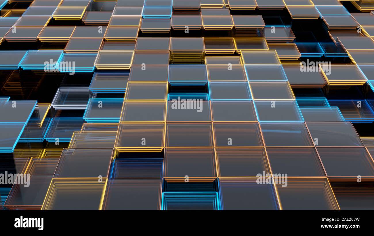 Abstract background of glass cubes with luminous edges. 3D illustration ...