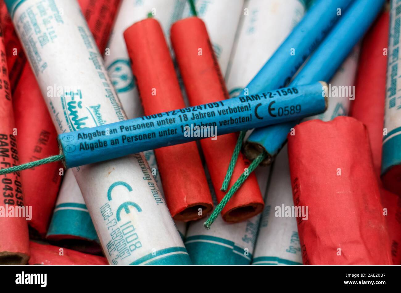 Berlin, Germany - December 2, 2019: A pile of firecrackers ('Böller') from the German fireworks market with age restrictions for Germany and Austria. Stock Photo