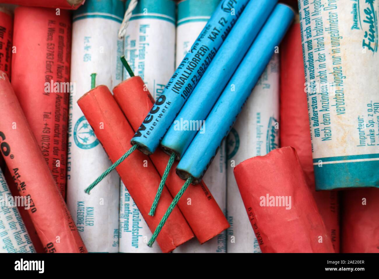 Berlin, Germany - December 2, 2019: A pile of firecrackers ('Böller') from the German fireworks market, including popular retro firecrackers. Stock Photo