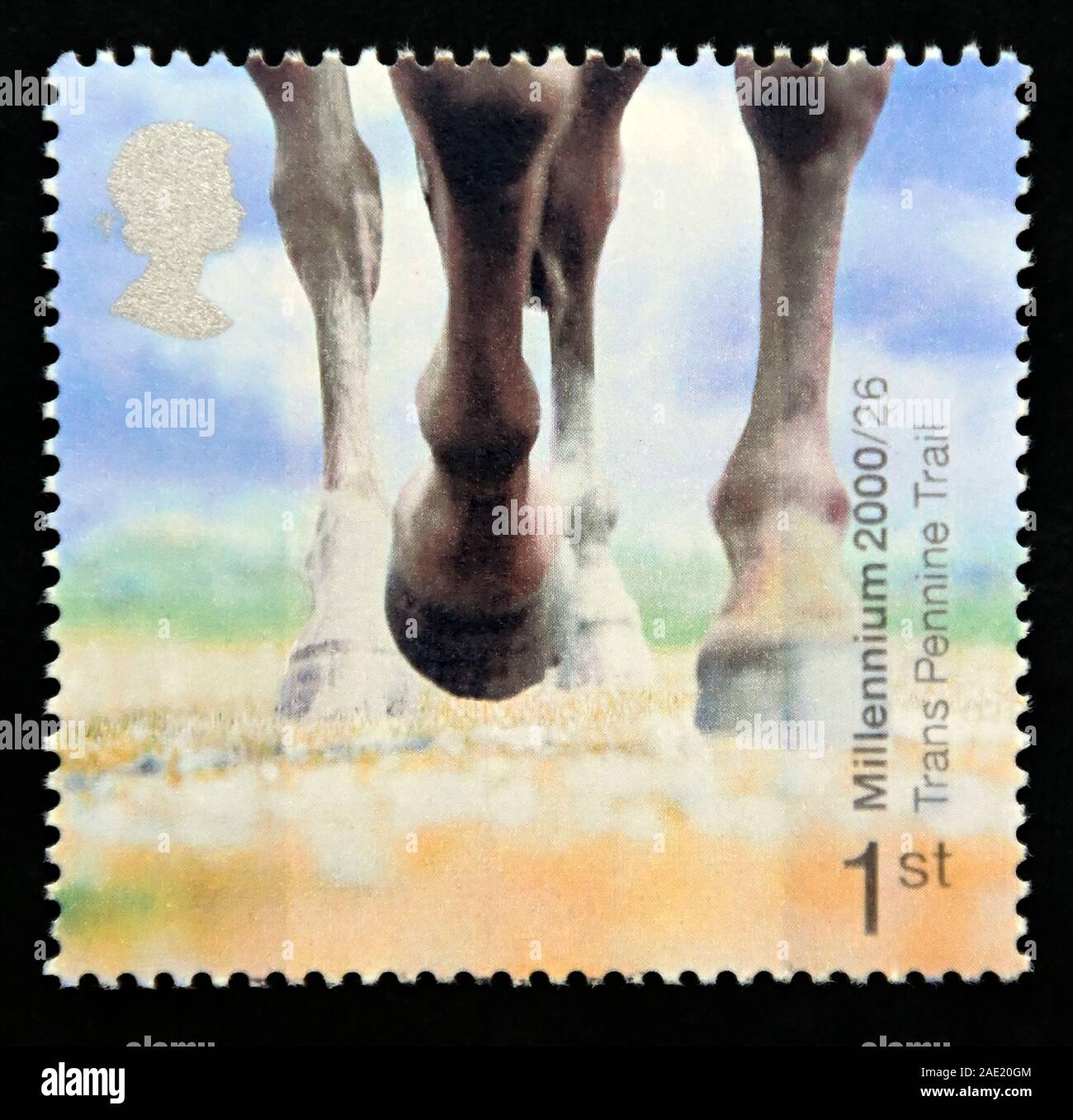 Postage stamp. Great Britain. Queen Elizabeth II. Millenium Projects. 'Stone and Soil'. Horse's Hooves (Trans Pennine Trail, Derbyshire). 1st. Stock Photo