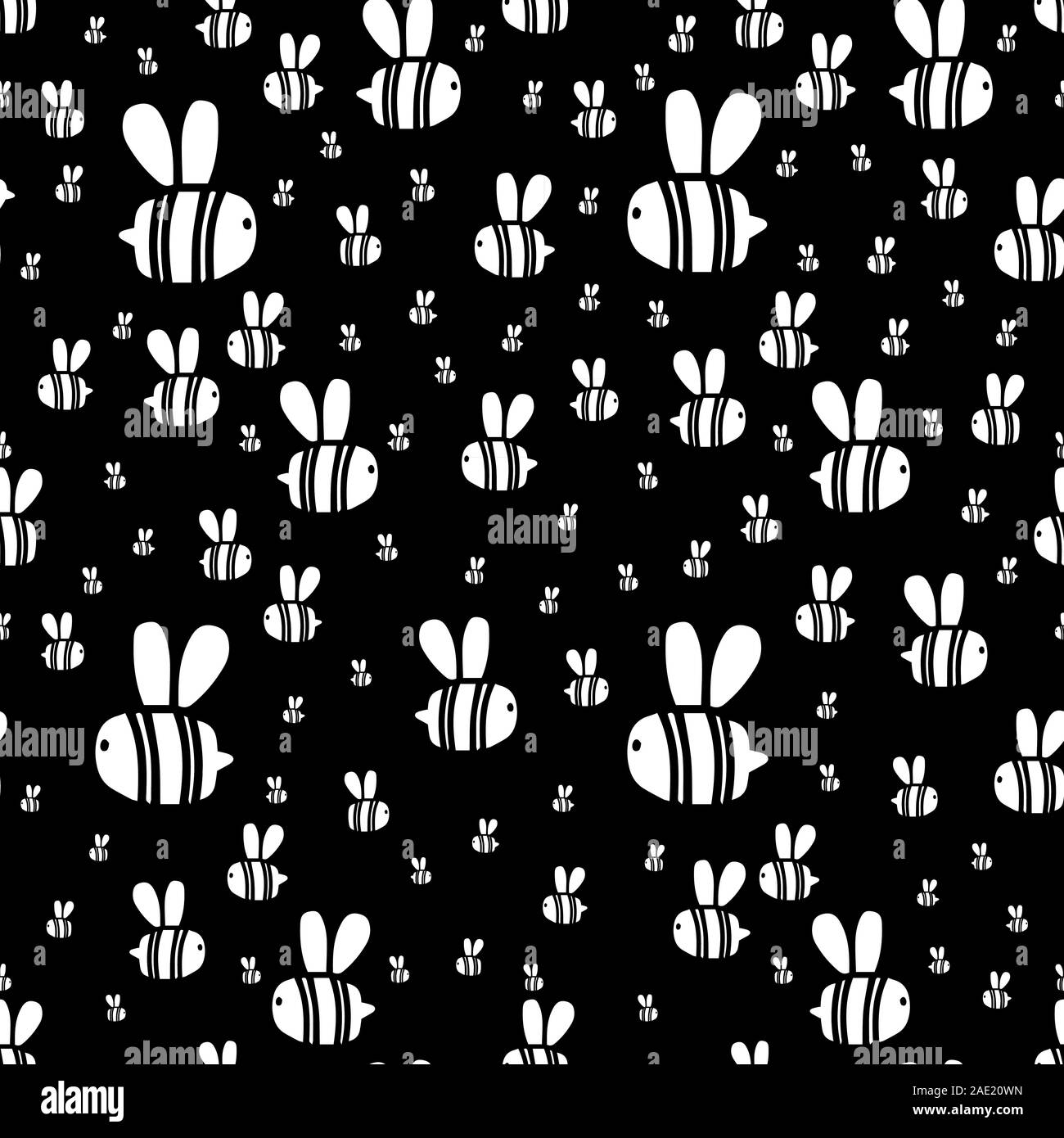 Seamless pattern white honeybee isolated on black background in doodle style. Cute baby print with insects bees. Easter spring hand drawn creative bac Stock Vector