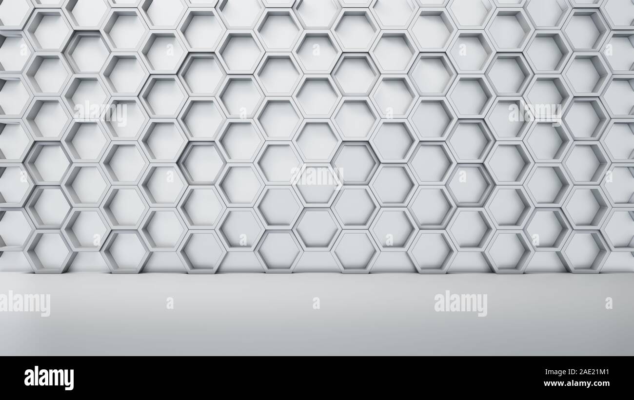 Empty white interior with hexagon shelves on the wall, 3D rendering ...