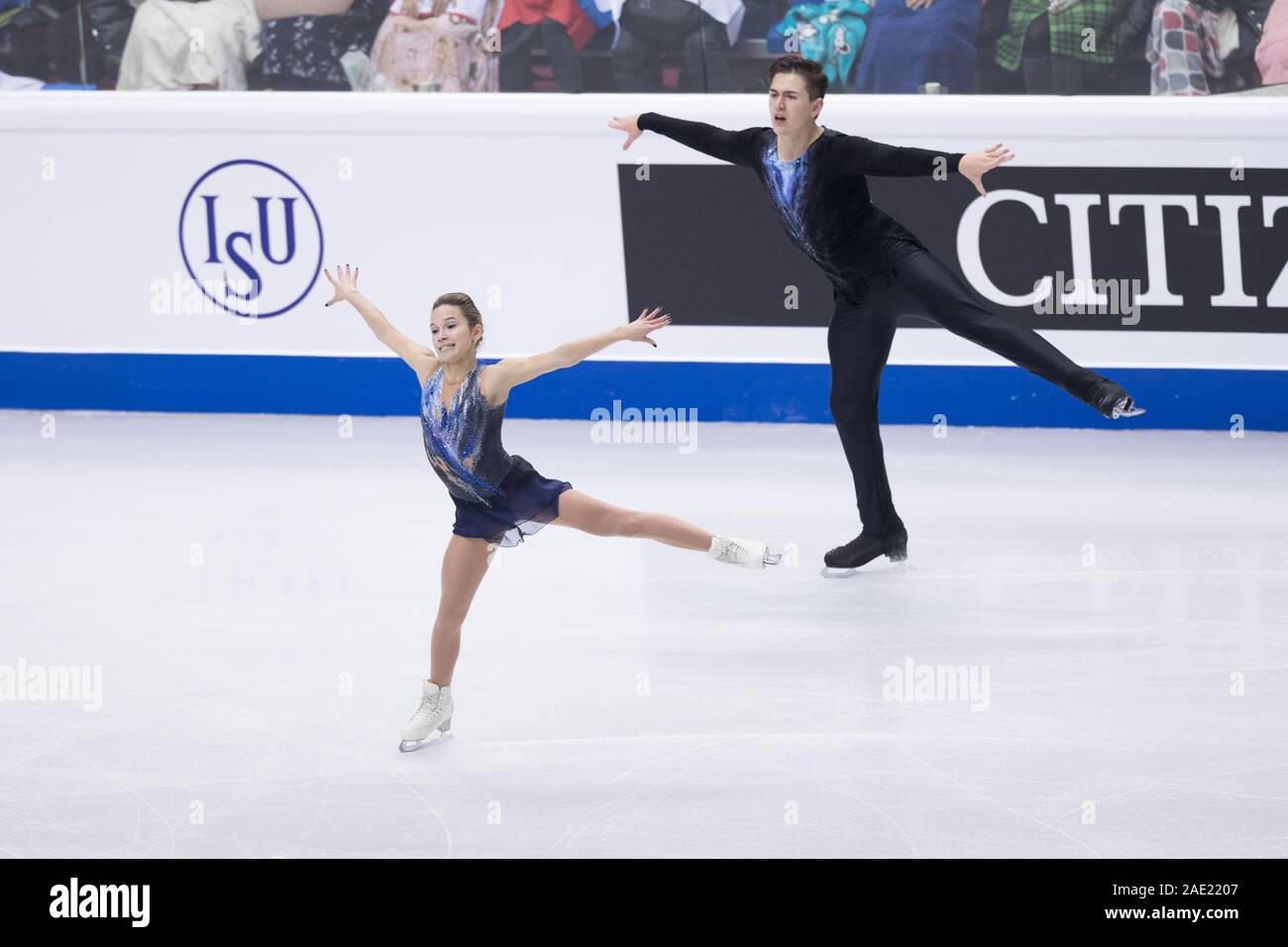 Daria Pavliuchenko and Denis Khodykin of Russia compete during senior pairs short program at Palavela ice rink in Turin, Italy on December 5, 2019 Stock Photo