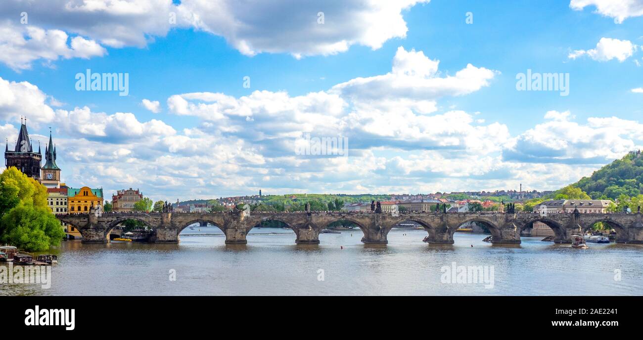 Vltava River and Old Town Bridge Tower, Charles Bridge Prague Czech Republic. Stock Photo