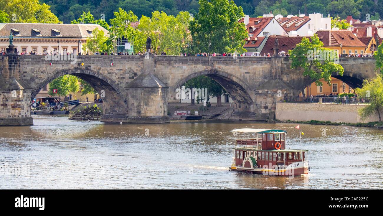 Wooden paddle wheel steamer boat The Elbis on the Vltava River Prague Czech Republic Stock Photo
